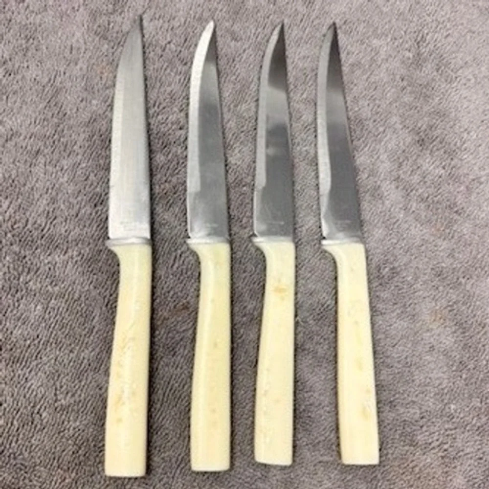 Vintage Steak Knife Set‎ 4pc Japan Cream Shell Inlay Stainless Steel MCM GOOD